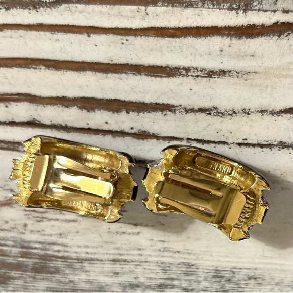 Donald Stannard VTG Black Gold Half Hoop Earrings Clip On Enamel Rhinestone - Picture 6 of 12